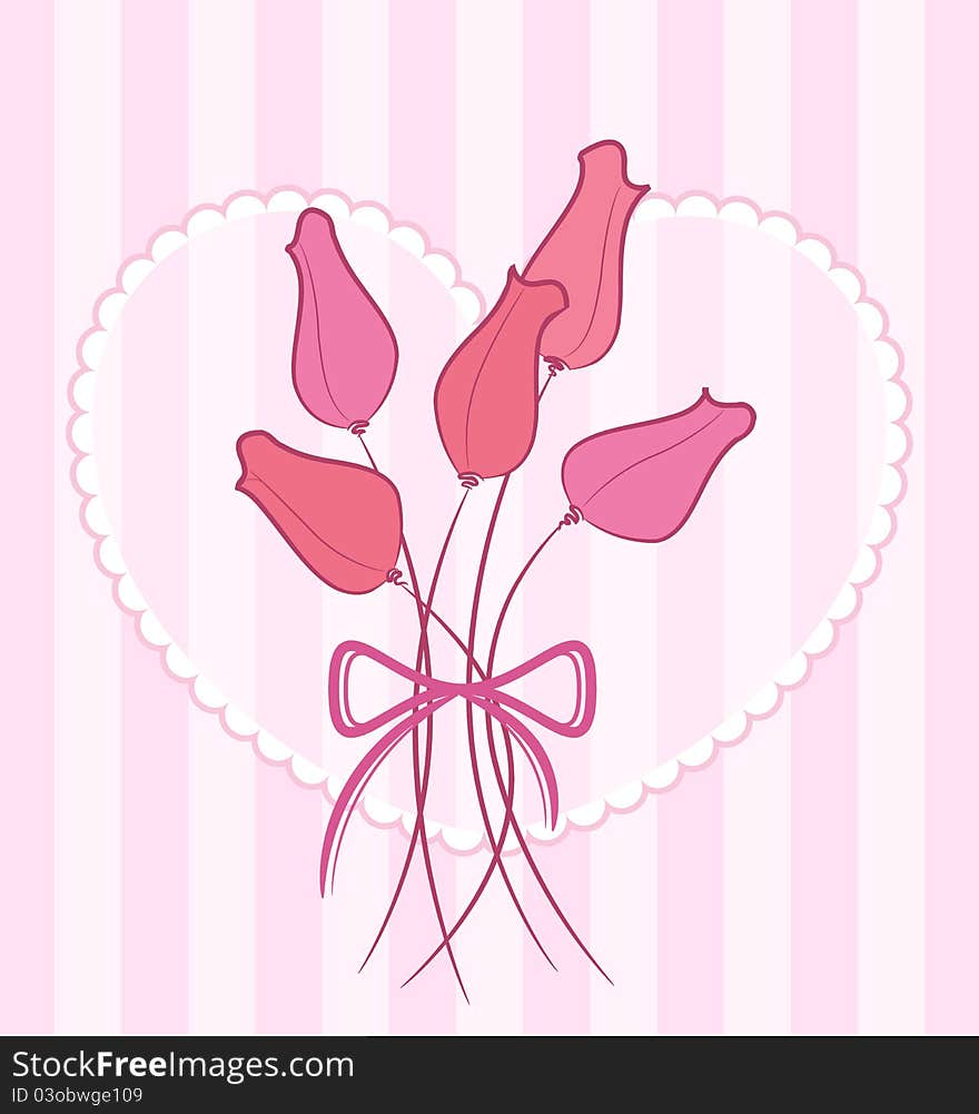 Vector card with a bouquet of cute roses with heart in background