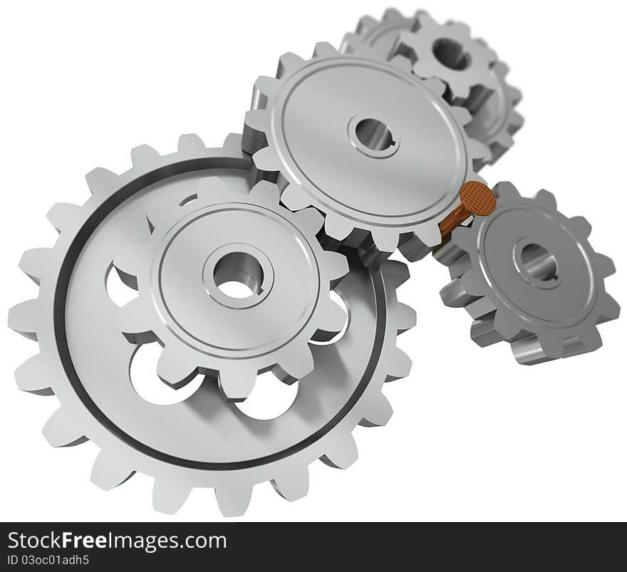 Nail between gears - a symbol obstacle in business. 3d rendering