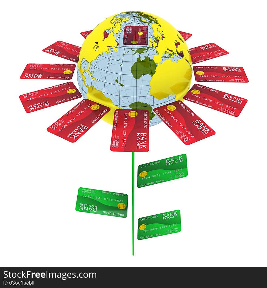 Flower of bank cards and the Earth - plant business. 3d rendering