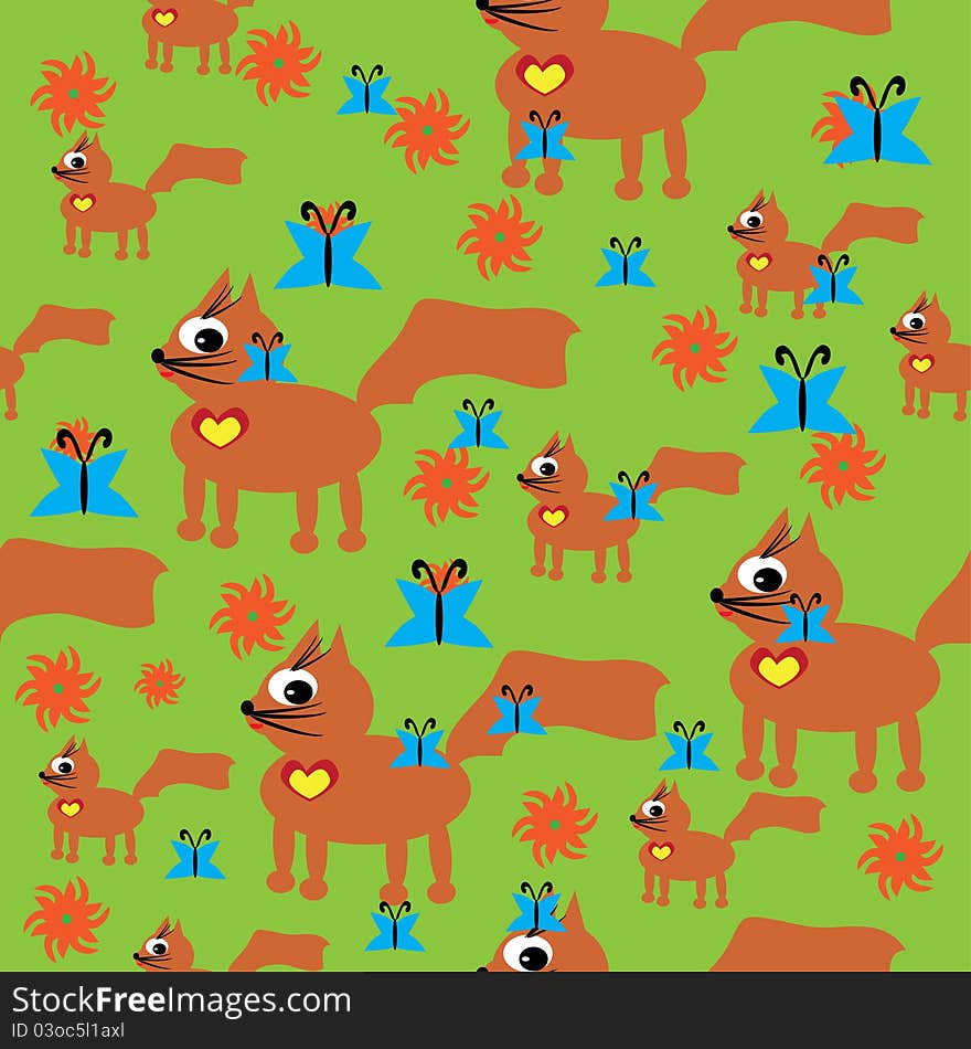 Pattern with small cartoon cat on grass. Illustration.