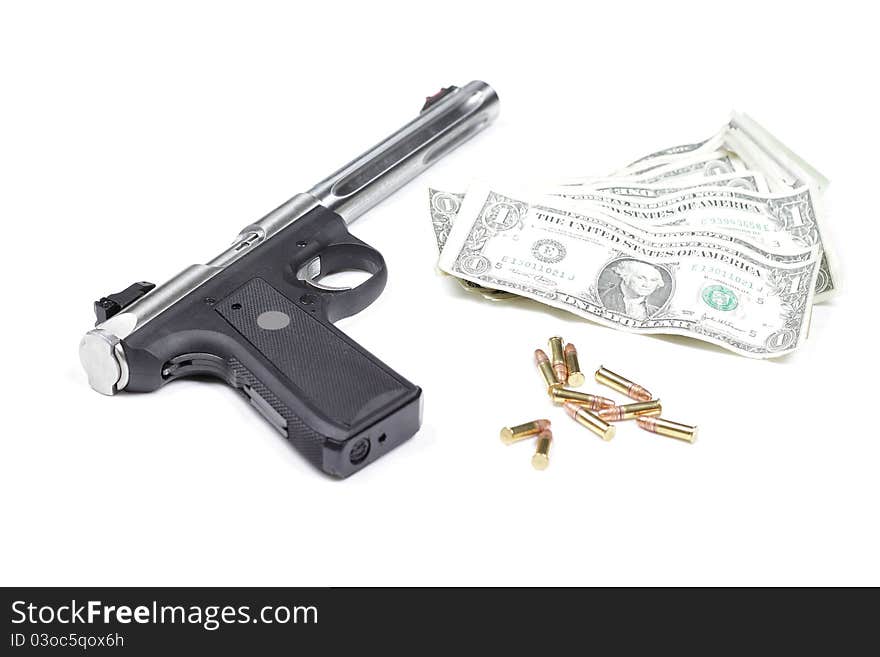 Money, guns, and bullets against a white background. Money, guns, and bullets against a white background