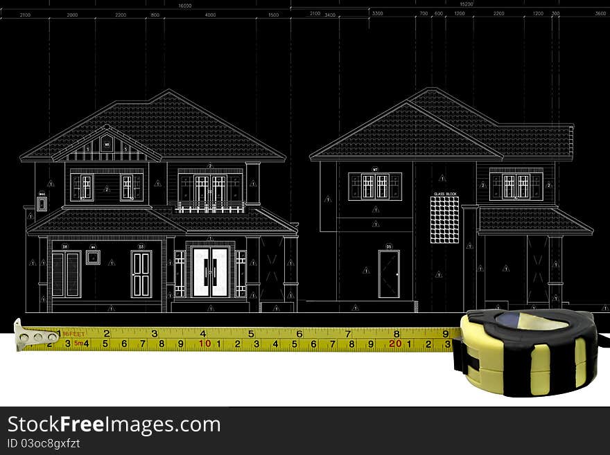 Tape Measure and architectural drawing On a black background