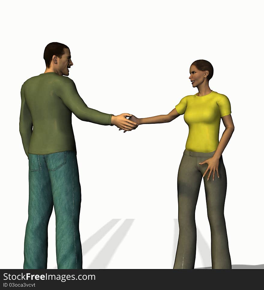 Handshaking man and woman of 3d characters