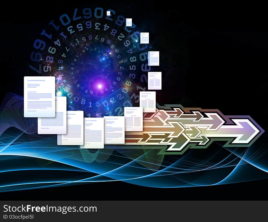 Interplay of document pages and abstract graphic elements on the subject of document processing, office, communications, information sharing and virtual reality. Interplay of document pages and abstract graphic elements on the subject of document processing, office, communications, information sharing and virtual reality