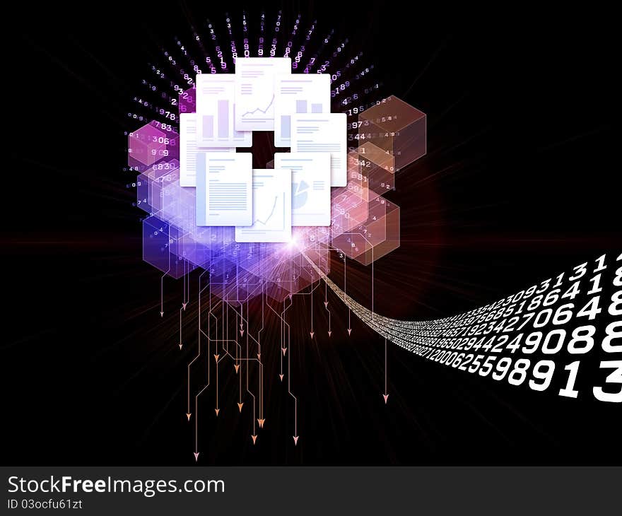 Interplay of document pages and abstract graphic elements on the subject of document processing, office, communications, information sharing and virtual reality. Interplay of document pages and abstract graphic elements on the subject of document processing, office, communications, information sharing and virtual reality