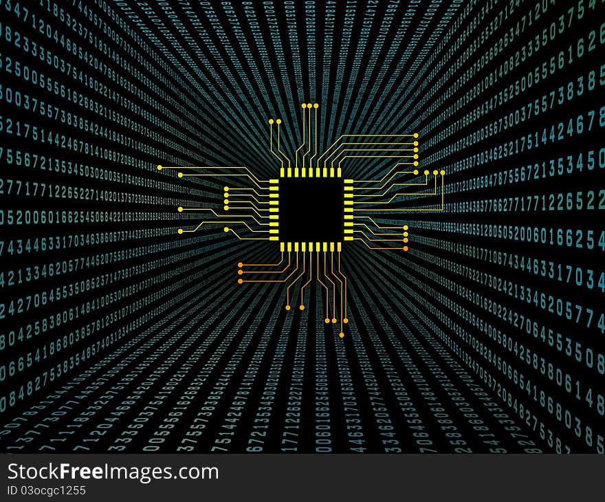 Interplay of digital circuit and number graphics on the subject of electronics, computers, communications and modern technologies.