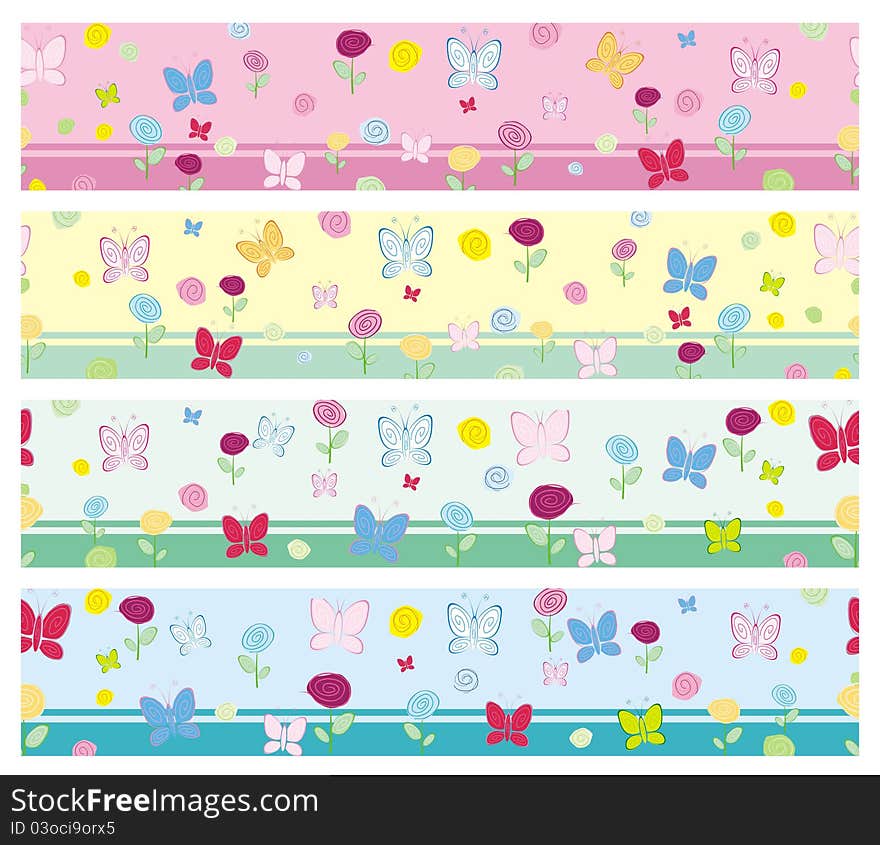 Seamless pattern as flowers and butterfly on landscape strips. Seamless pattern as flowers and butterfly on landscape strips