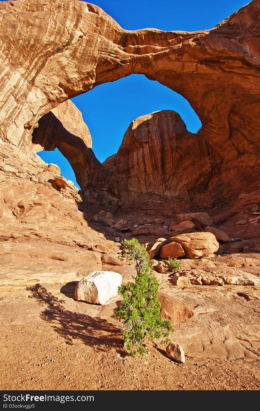 View of Double Arch in Arches National Park, Utah, USA in the summer morning