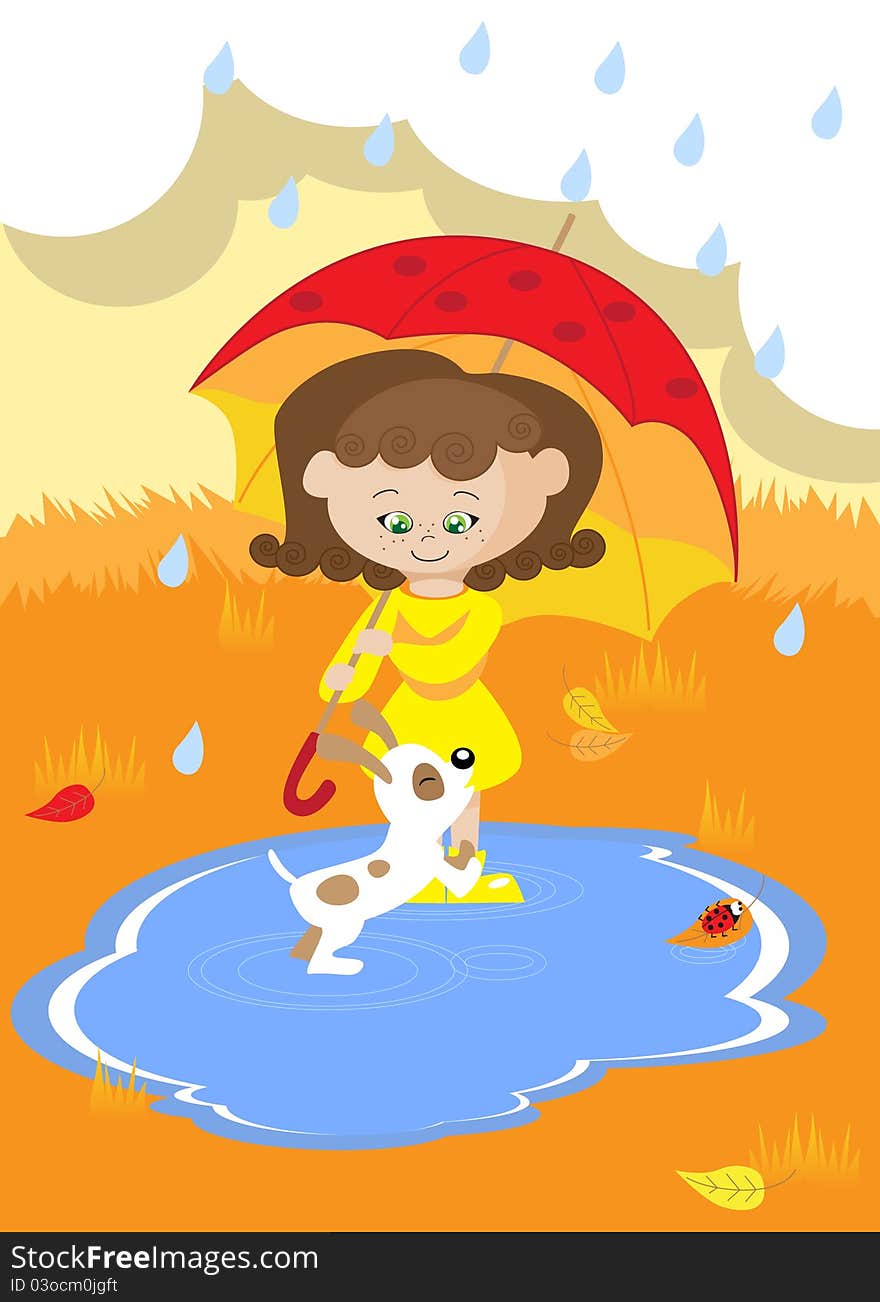 The girl with umbrella costs in the rain, a dog, autumn