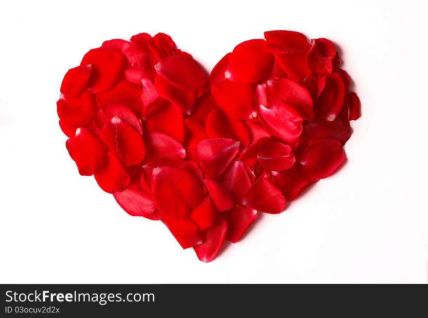 Rose petals heart isolated on white background