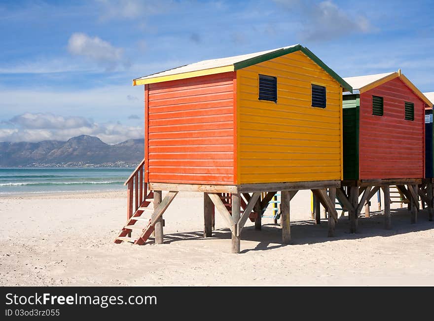 Colorful beach cabins in Muizenberg beach in South Africa