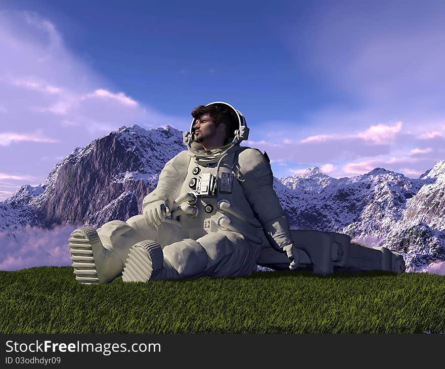 Astronaut on the grass against the sky