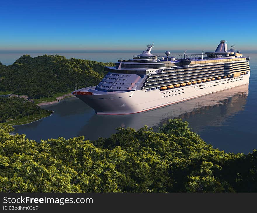 Green Island and the liner at sea.