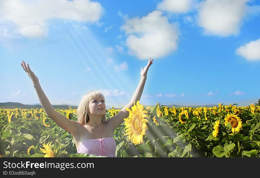 Woman in beauty field with sunflowers