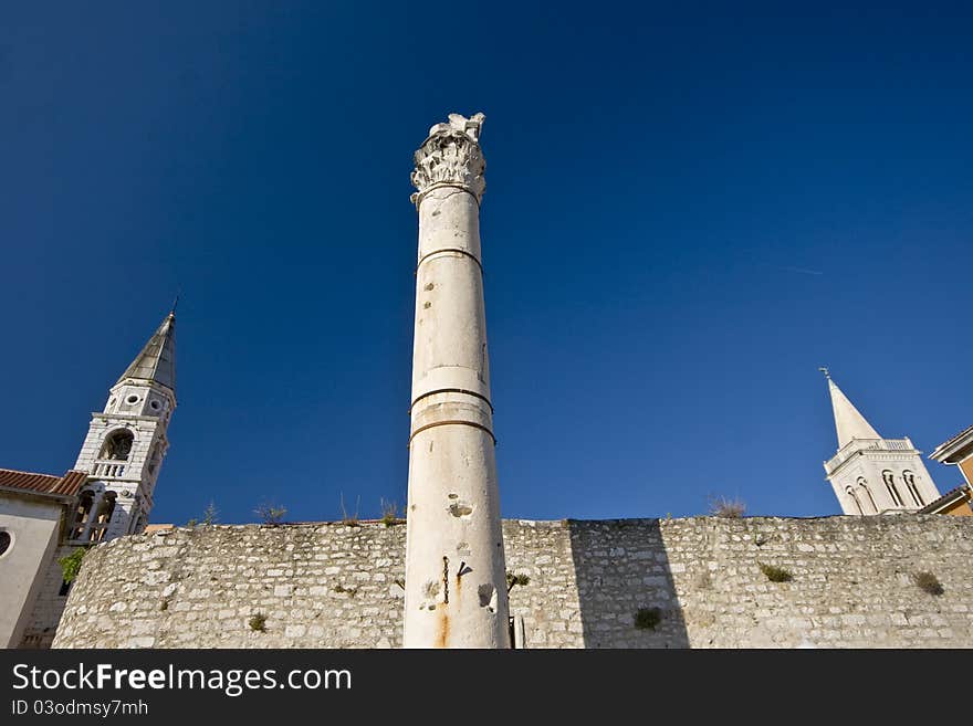 The pillar, column, of shame in the main square of Zadar. The pillar, column, of shame in the main square of Zadar