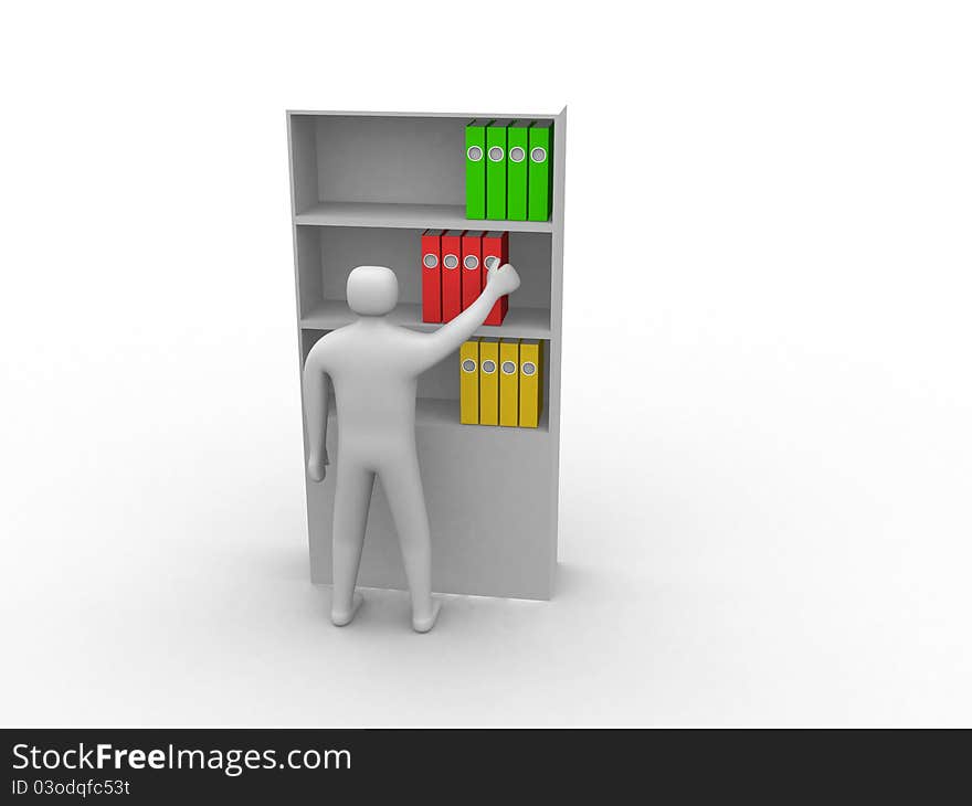 Men with archive from folders on white isolated background. 3d