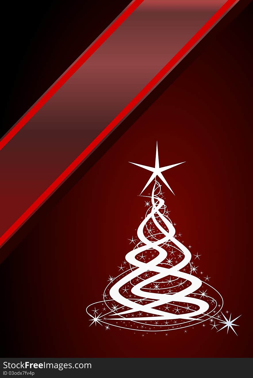 Christmas tree, red background with stars