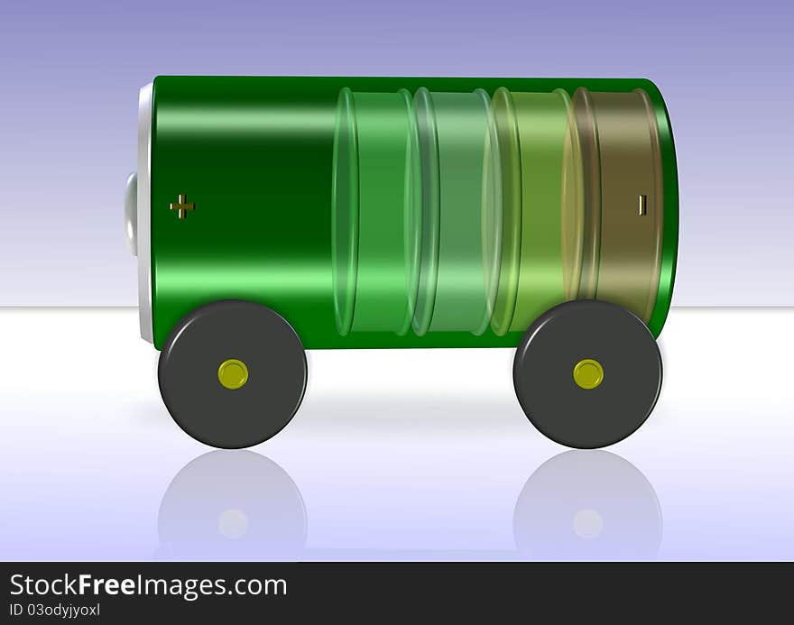 A green battery with wheels attached on a blue and white background. A green battery with wheels attached on a blue and white background