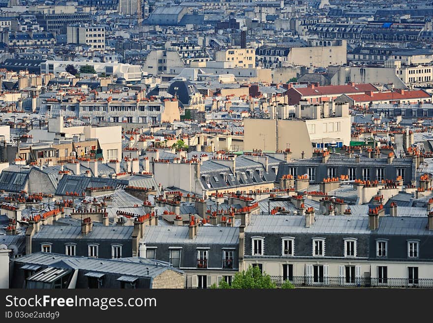 Aerial panorama above houses rooftops in a Paris. Aerial panorama above houses rooftops in a Paris