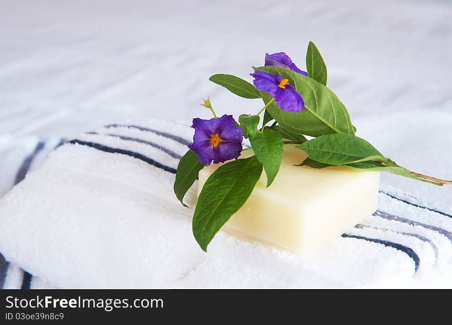 Beautiful violet flowers and soap on rolled up striped white and blue towels stacked on the bed