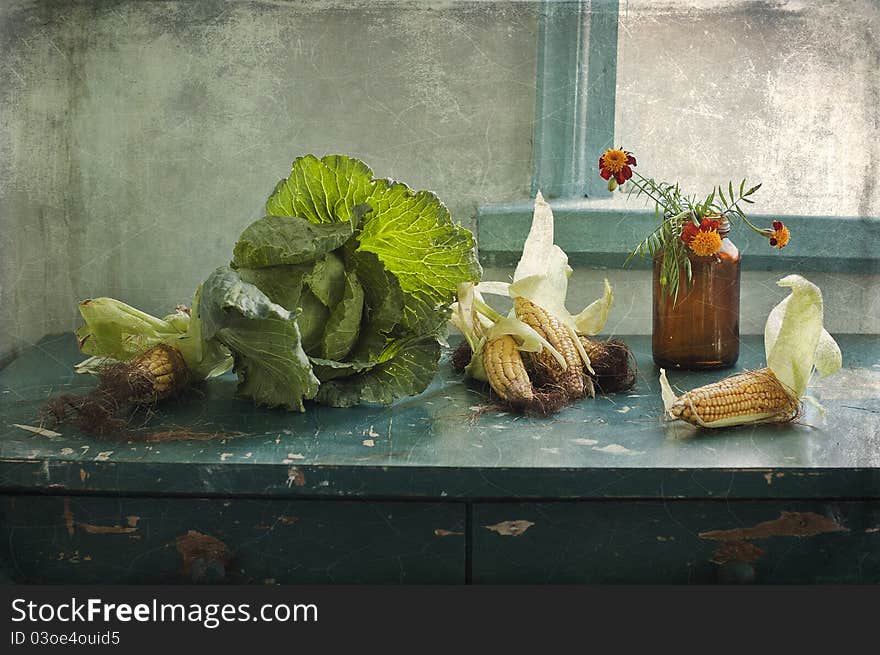 Still life with a gladiolus by a water-melon and pans. Still life with a gladiolus by a water-melon and pans