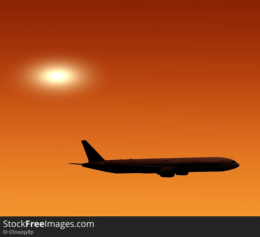 Airliner in the background of an orange sunset. Airliner in the background of an orange sunset