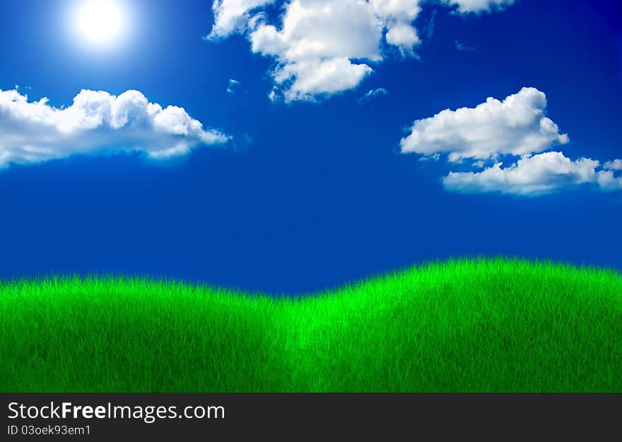 Green grass field and cloud sky with sun. Green grass field and cloud sky with sun