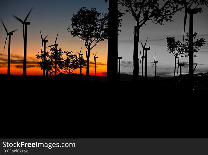 Aerogenerators in sunset black and white