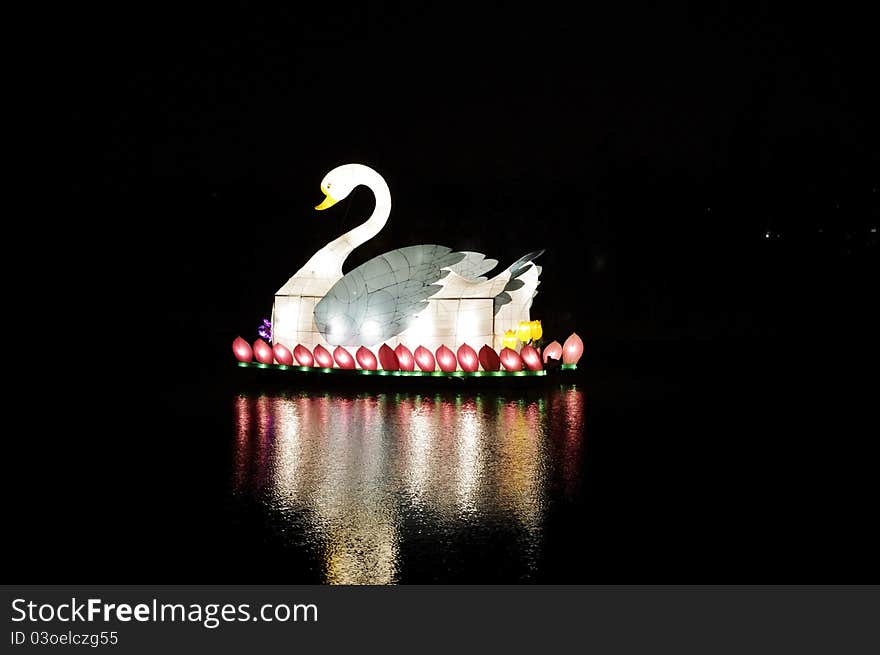 At a lamp exhibition goose lamp floating on lake. At a lamp exhibition goose lamp floating on lake