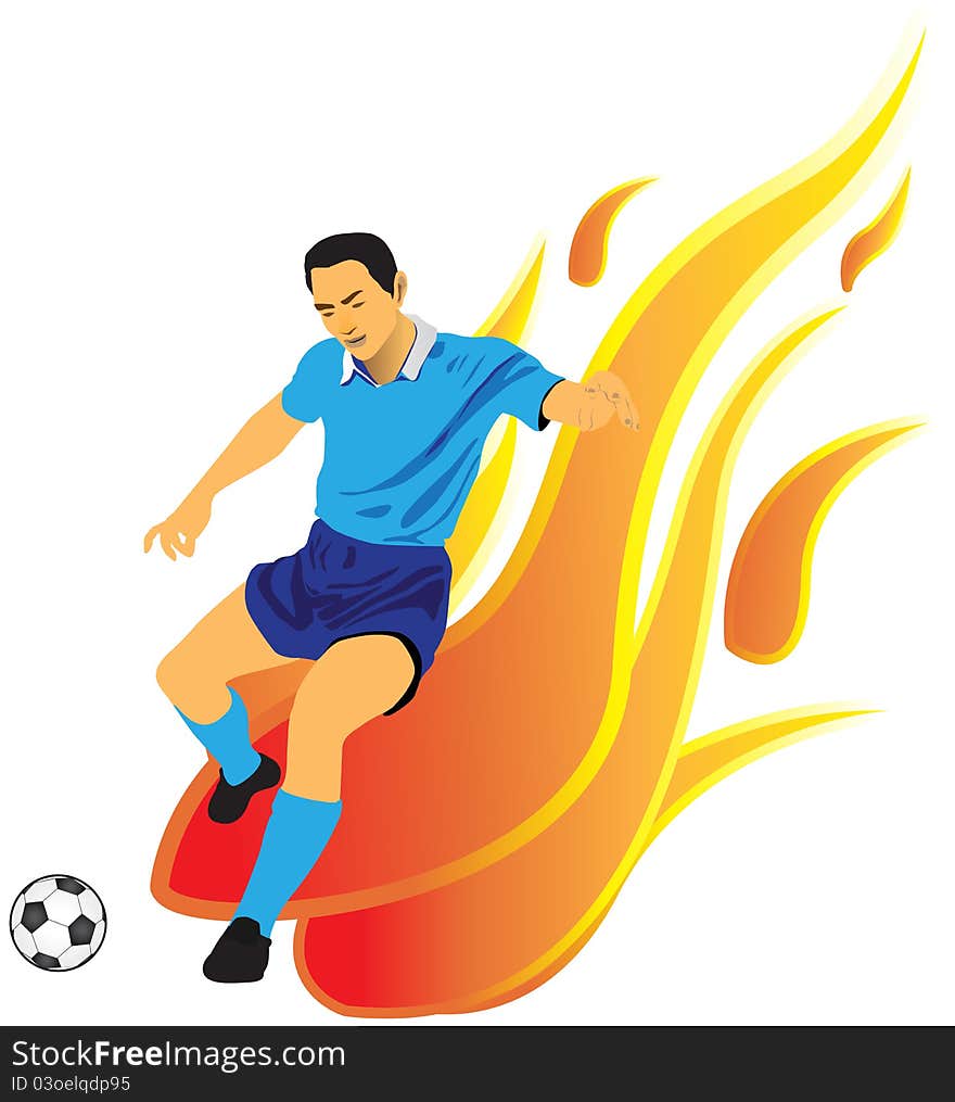 Soccer player kicking a ball and has a background as a flame. Soccer player kicking a ball and has a background as a flame