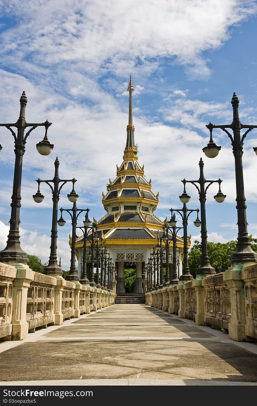 Gold castle and blue sky in the country park Thailand