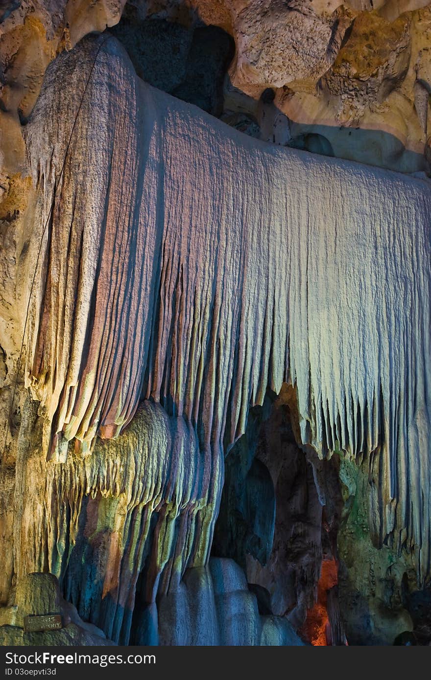 Stalactite and stalagmite in the cave country of Thailand