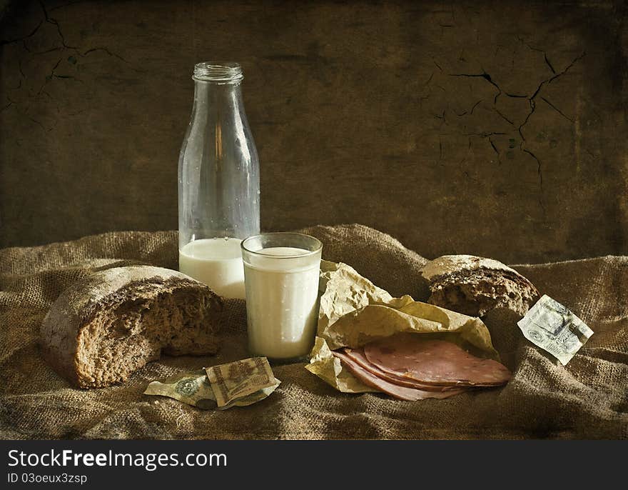 Still life with milk, rye bread and sausage. Still life with milk, rye bread and sausage