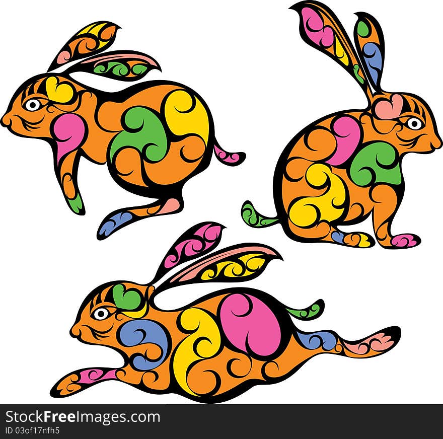 3 colorful rabbit with Chinese style. 3 colorful rabbit with Chinese style