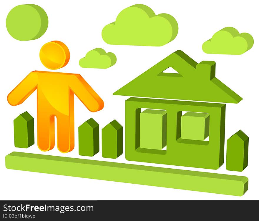 Sticker with man, house, fence and plant, vector illustration