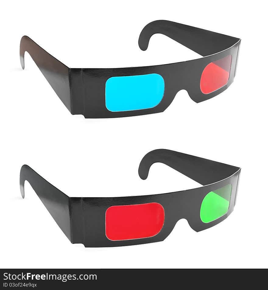 Pair of anaglyph 3D glasses (green-red and cyan-red).