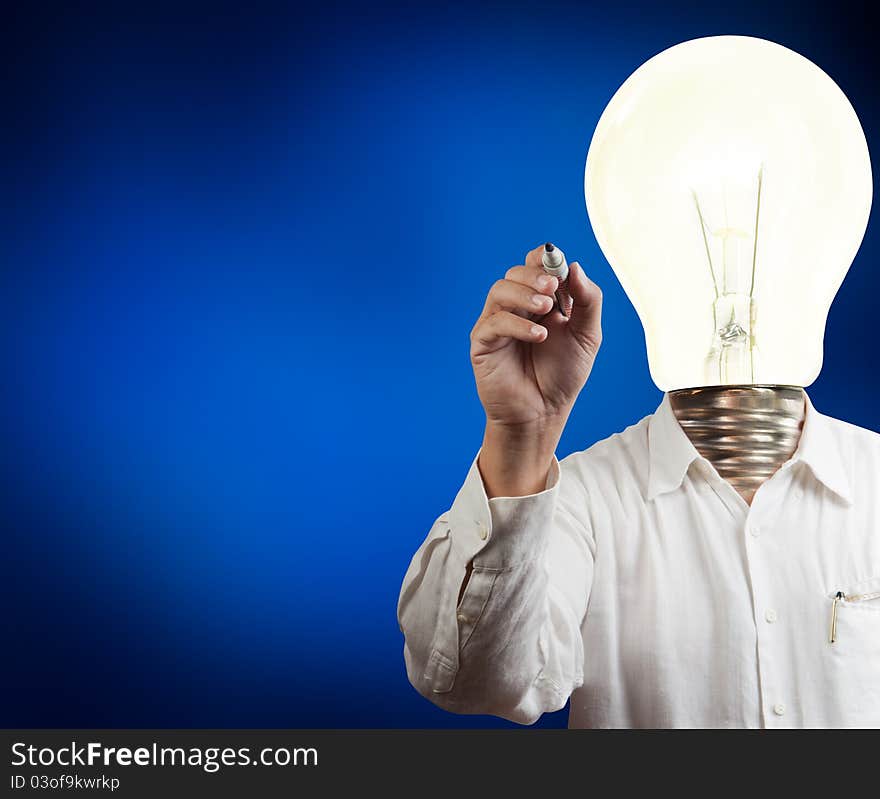 Businessman with lamp-head drawing on white board