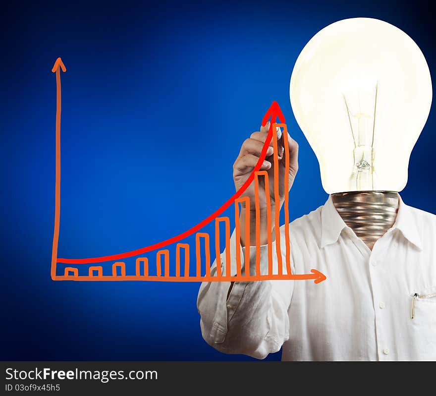 Businessman with lamp-head drawing growth graph