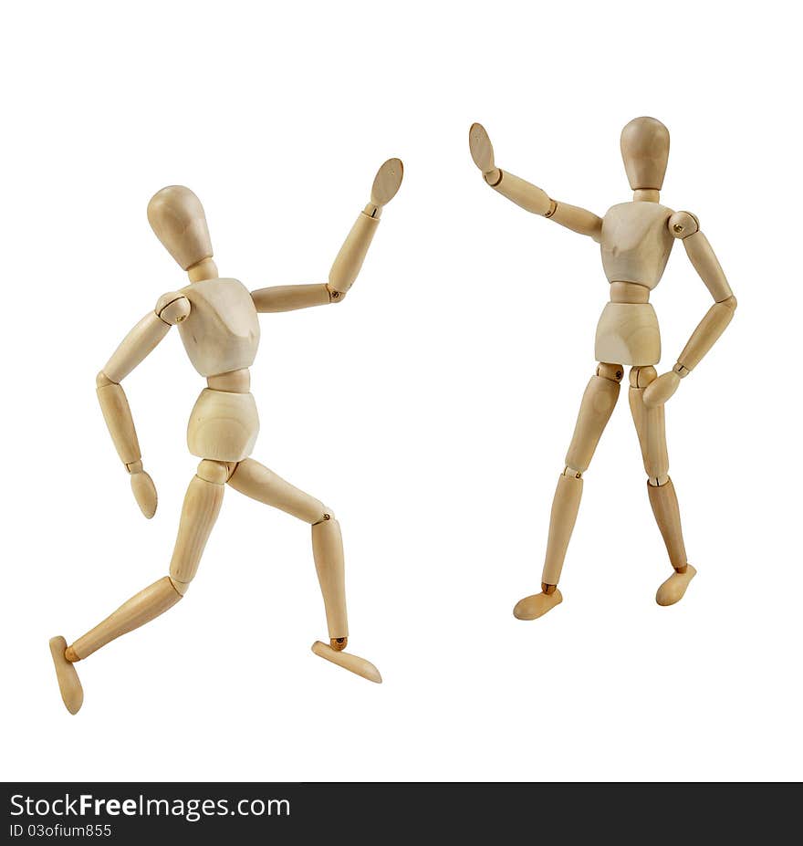 Artist Mannequin running and one is stopping, isolated wood human model