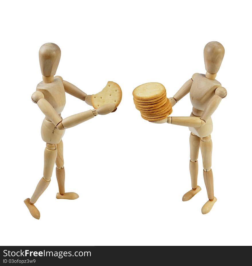 Artist Mannequin sharing cookies, isolated wood human model