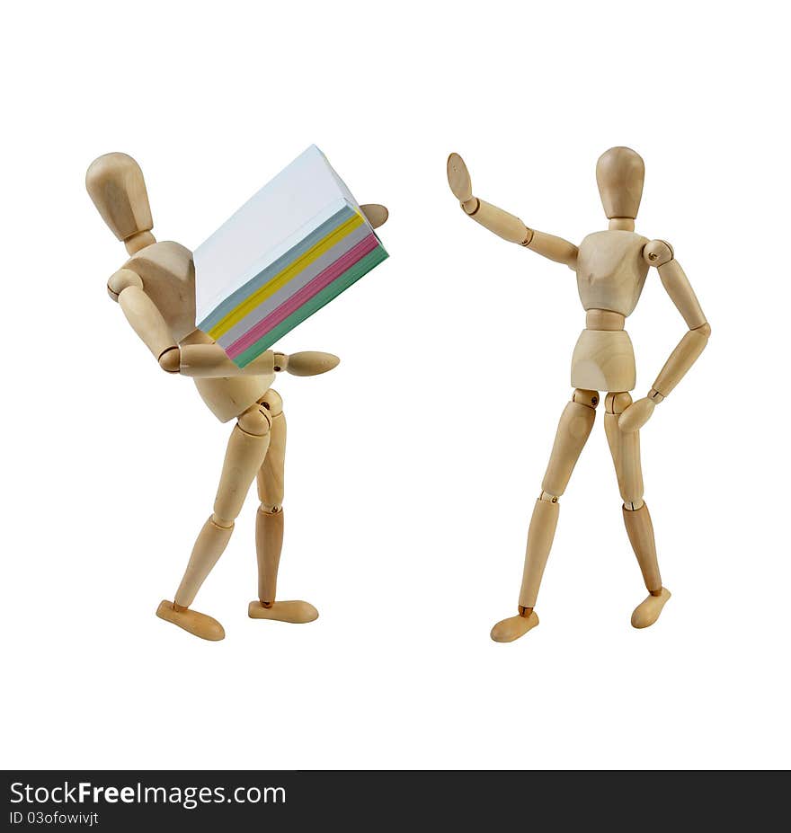 Artist Mannequin Working hard with stack of paper, isolated wood human model