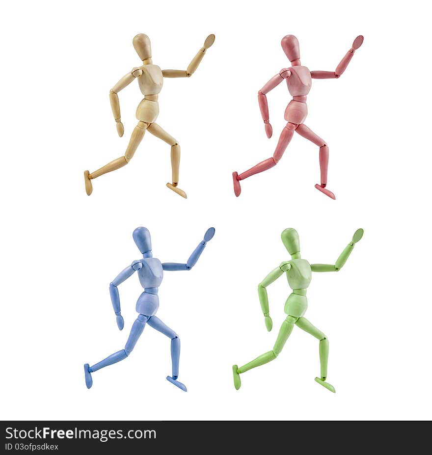 Collection of Artist Mannequin in various colors running, isolated wood human model