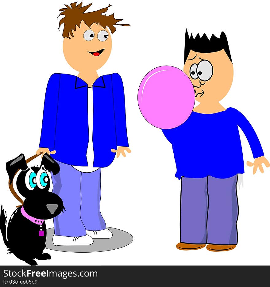 Boy blowing bubble gum  with other boy and dog with expressions. Boy blowing bubble gum  with other boy and dog with expressions