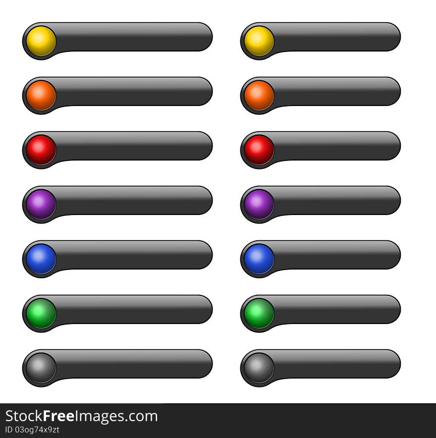 Dark gray pewter plastic buttons with colored balls for Web or software interface. Dark gray pewter plastic buttons with colored balls for Web or software interface