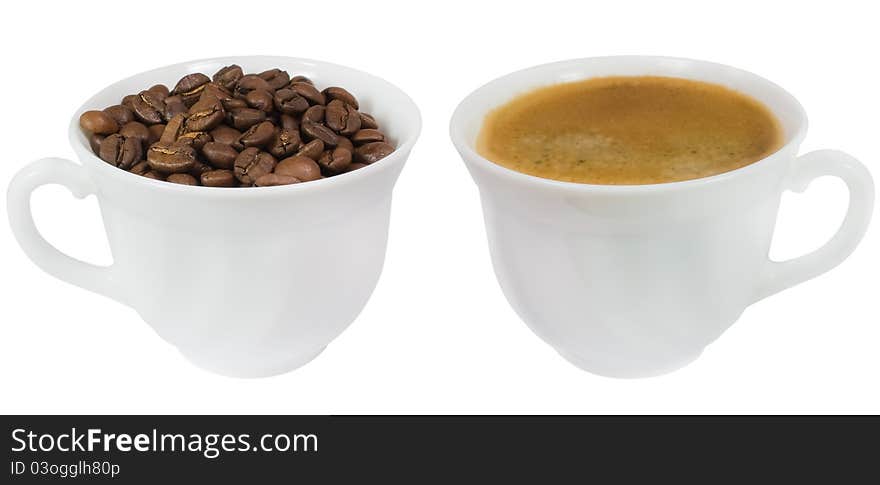 Two cups of coffee and coffee beans isolated