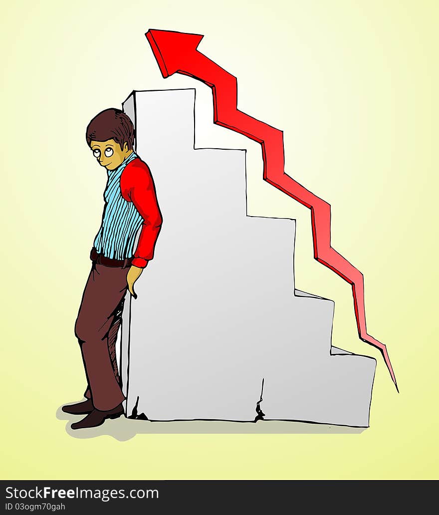 businessman standing, chart and red grow arrow