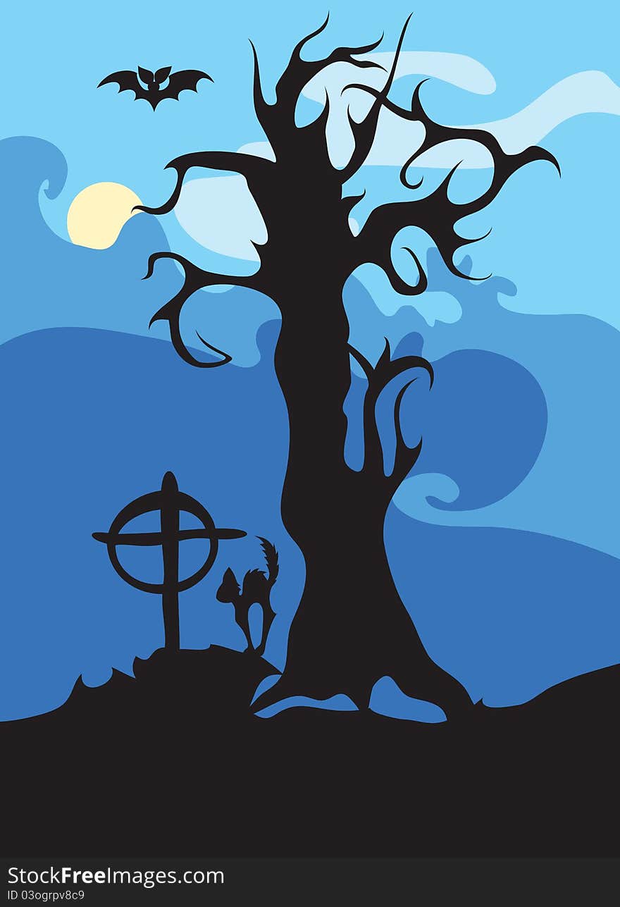 Night halloween background with tree