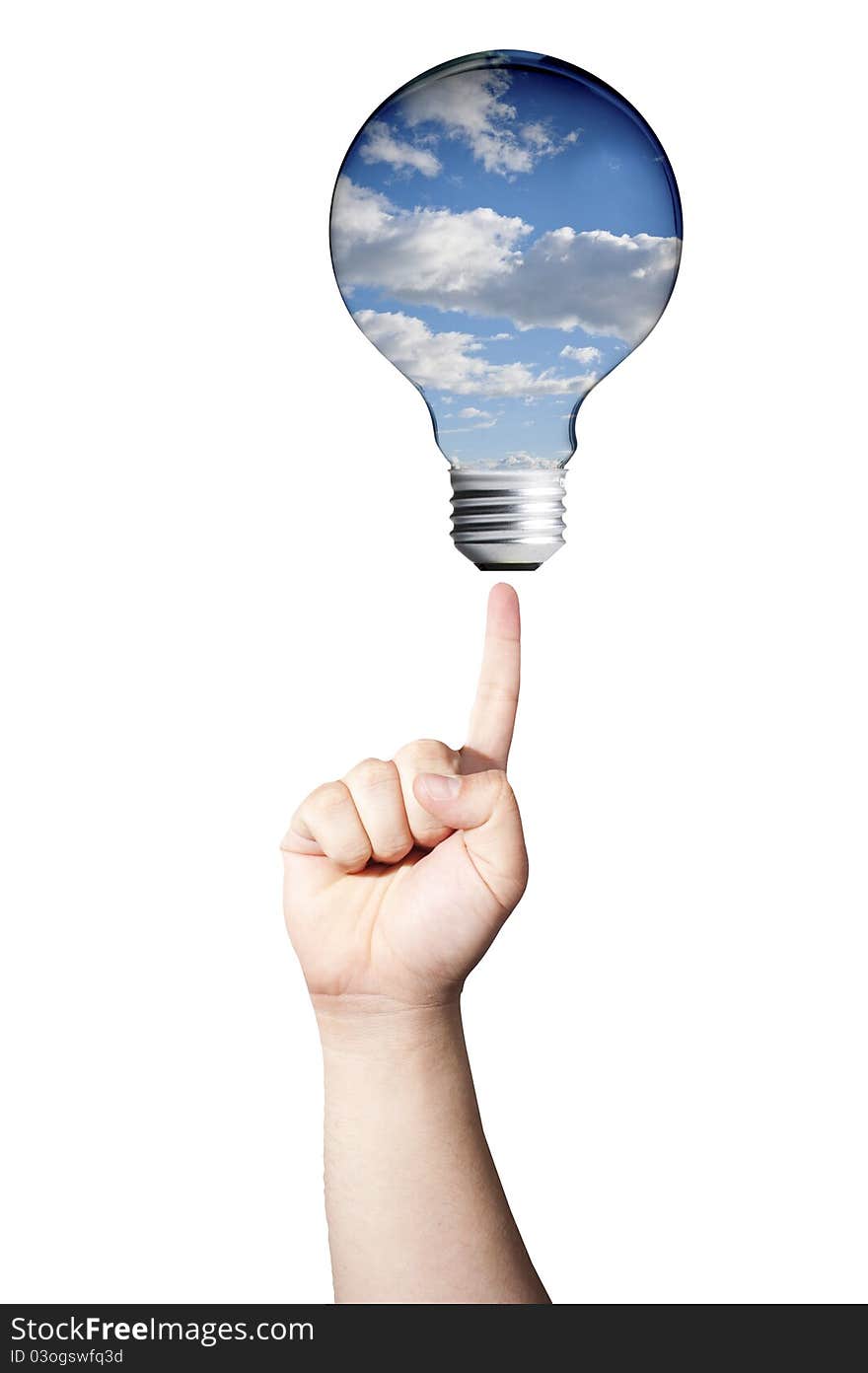 Green energy concept, Finger pointing to light bulb with sky inside. Green energy concept, Finger pointing to light bulb with sky inside