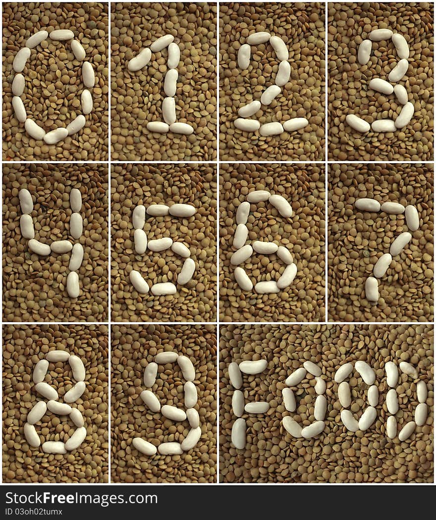 Numbers made of white beans on the lentils background. Numbers made of white beans on the lentils background