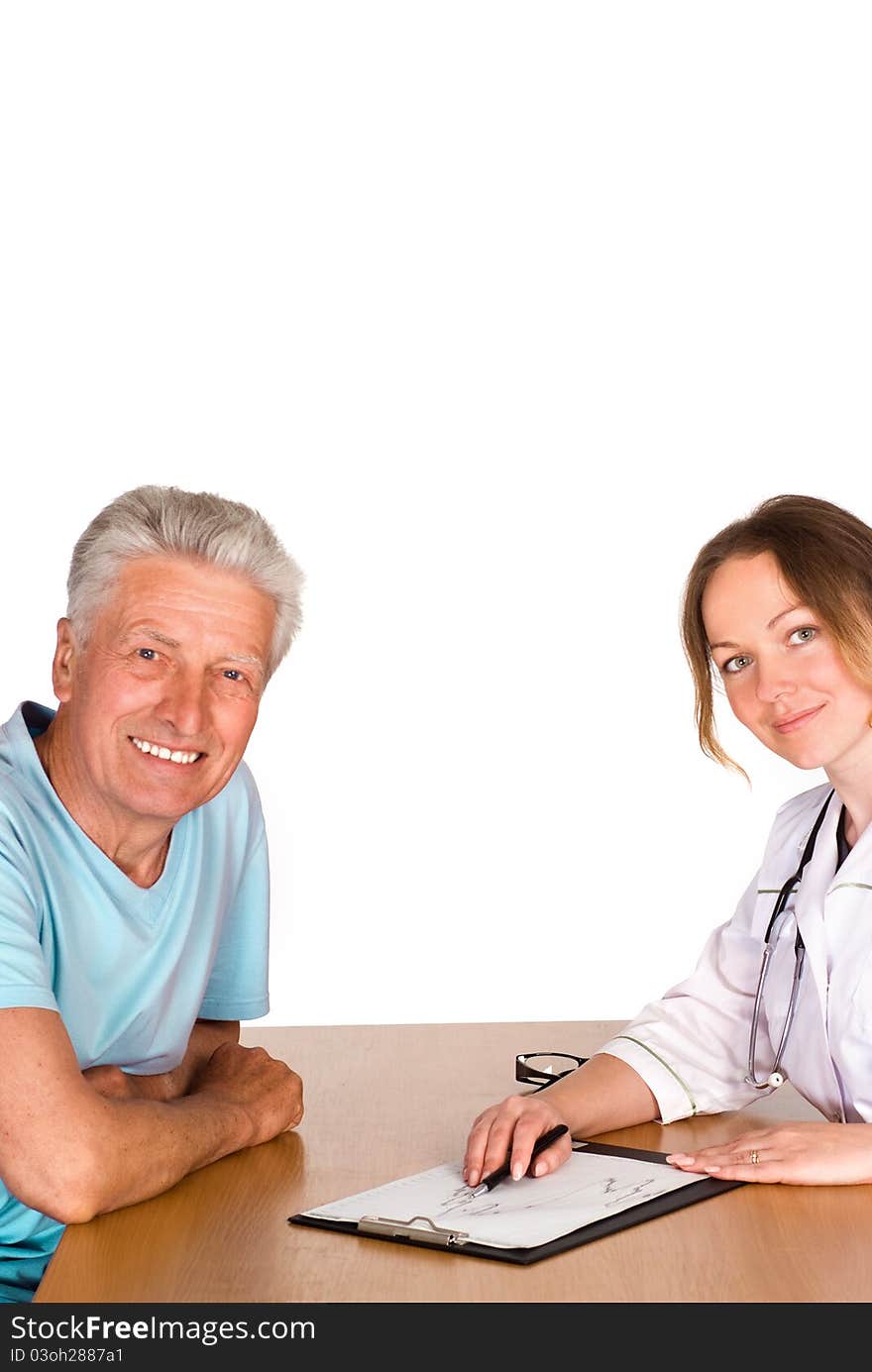 Old man with doctor sit at table on white. Old man with doctor sit at table on white